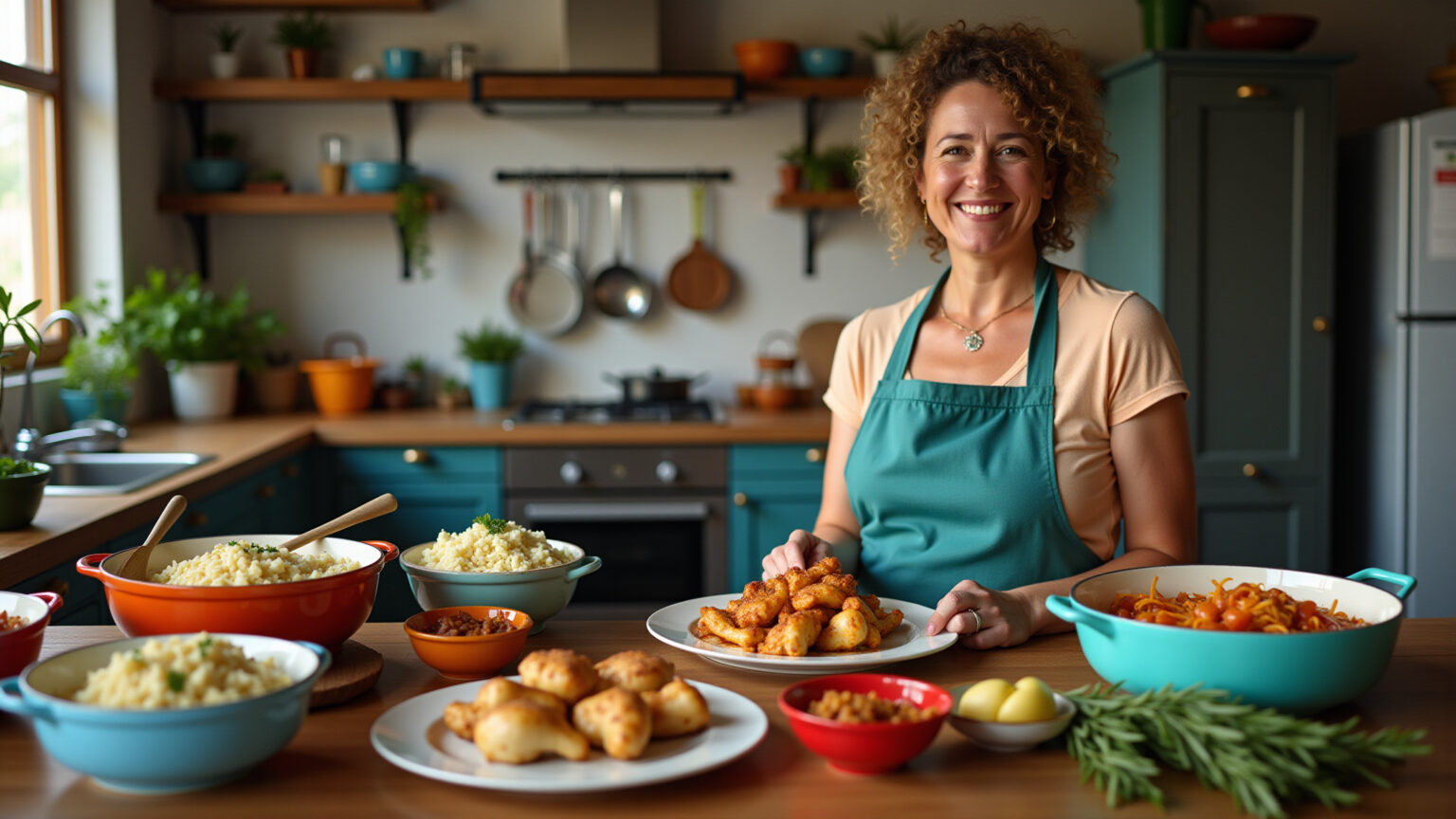 Mulher sorrindo preparando receitas de galinha em cozinha brasileira vibrante.
