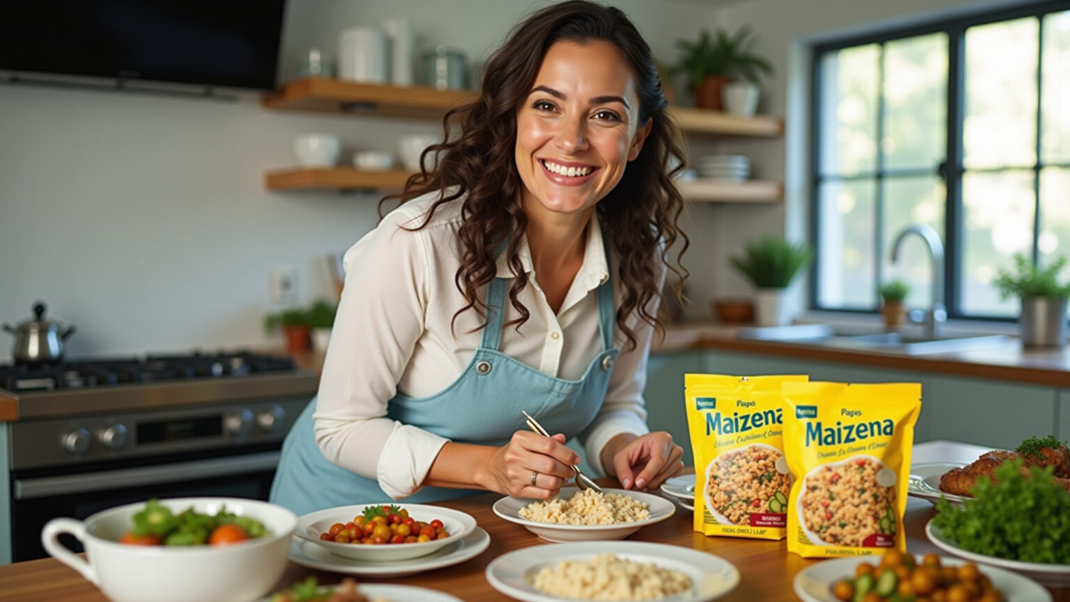 Mulher preparando receitas deliciosas com Maizena na cozinha.
