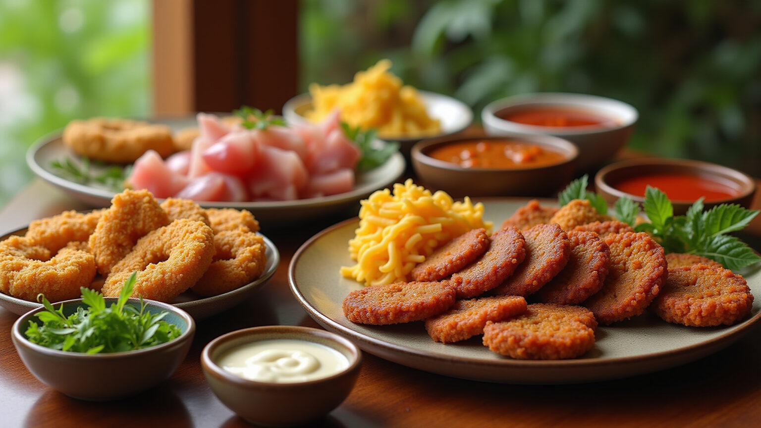 Variedade de kibes: frito, assado e cru, em mesa vibrante.