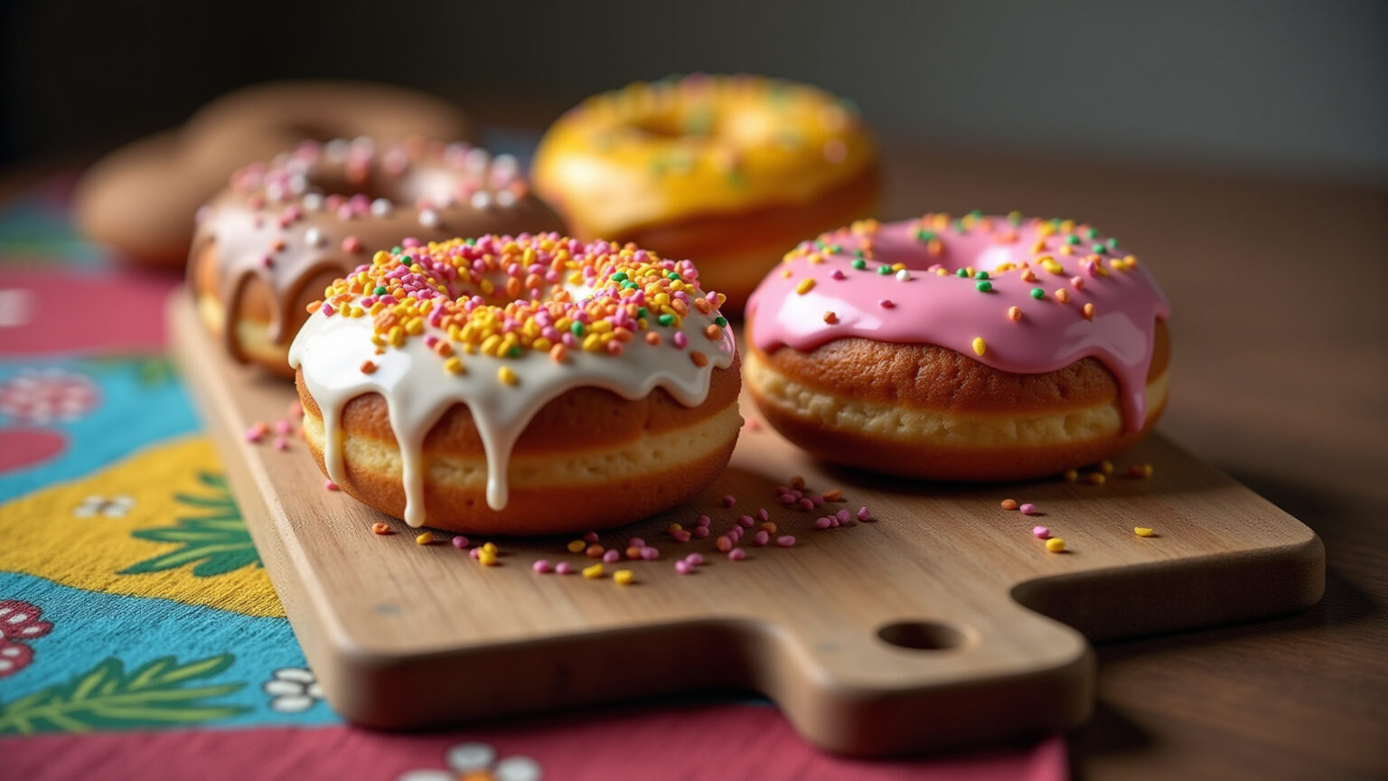 Donuts caseiros deliciosos com diversas coberturas.