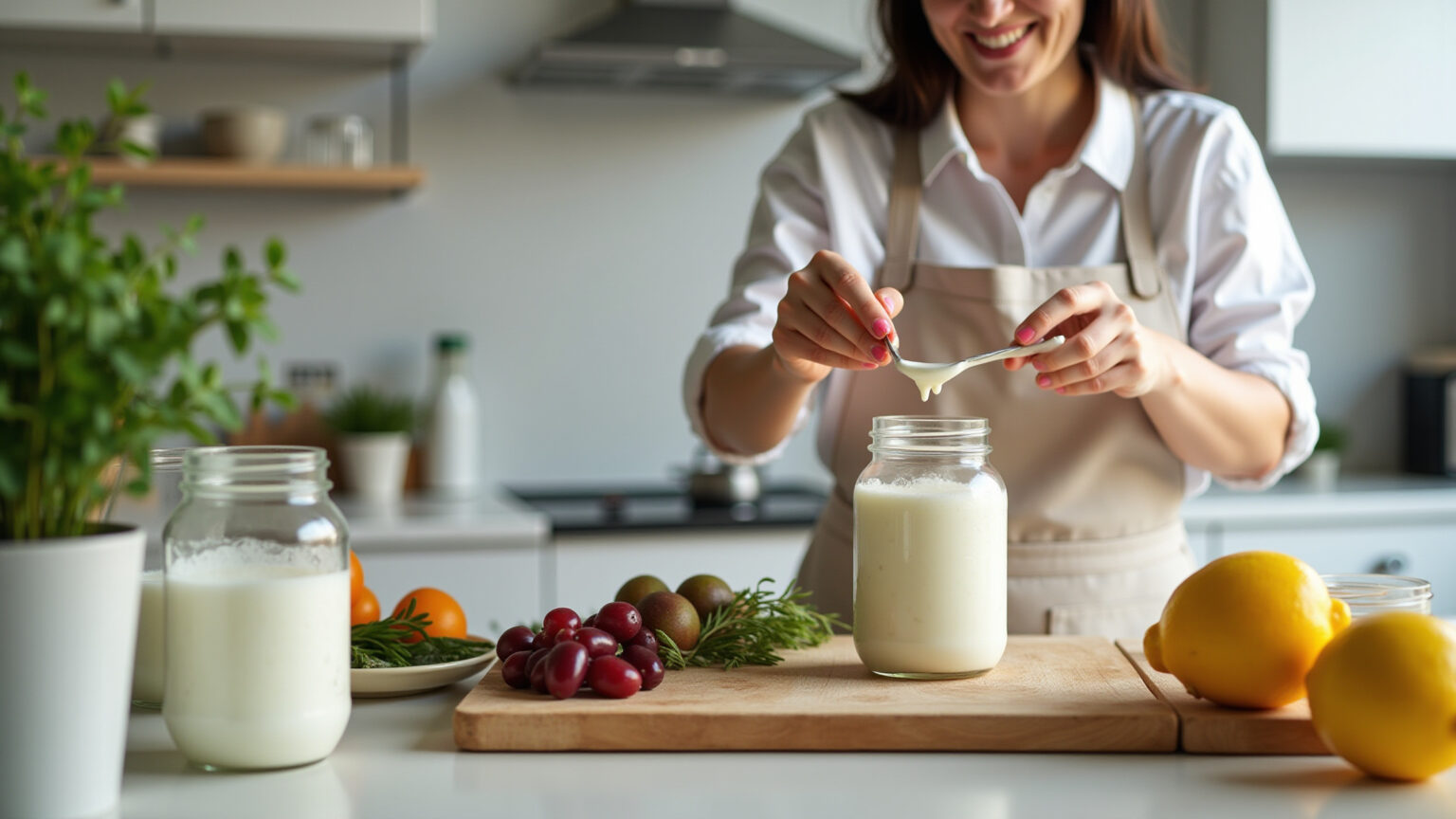 Preparando kefir caseiro em uma cozinha brasileira moderna.
