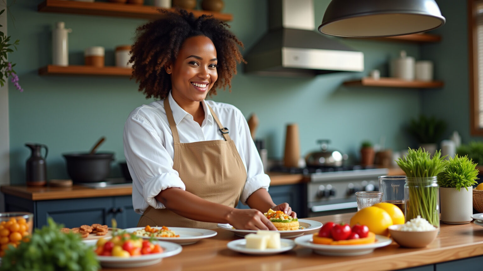 Tapioca com diversos recheios coloridos sendo preparada em uma cozinha alegre.
