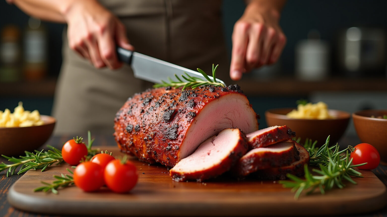 Carne de porco assada sendo servida em cozinha rústica.