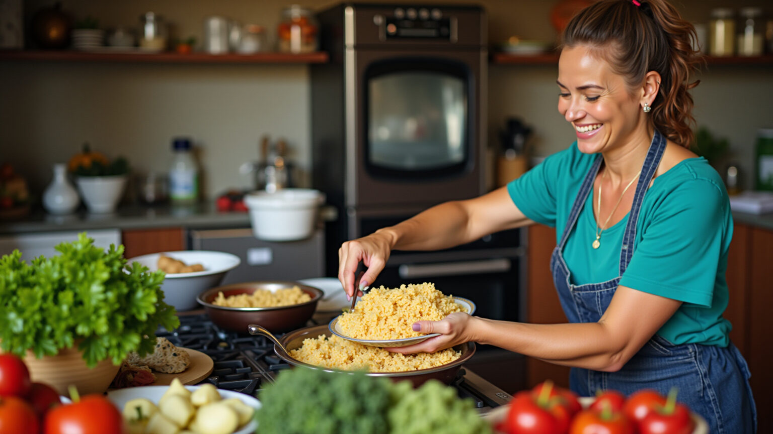 Mulher preparando arroz frito saboroso com arroz de ontem em cozinha brasileira.