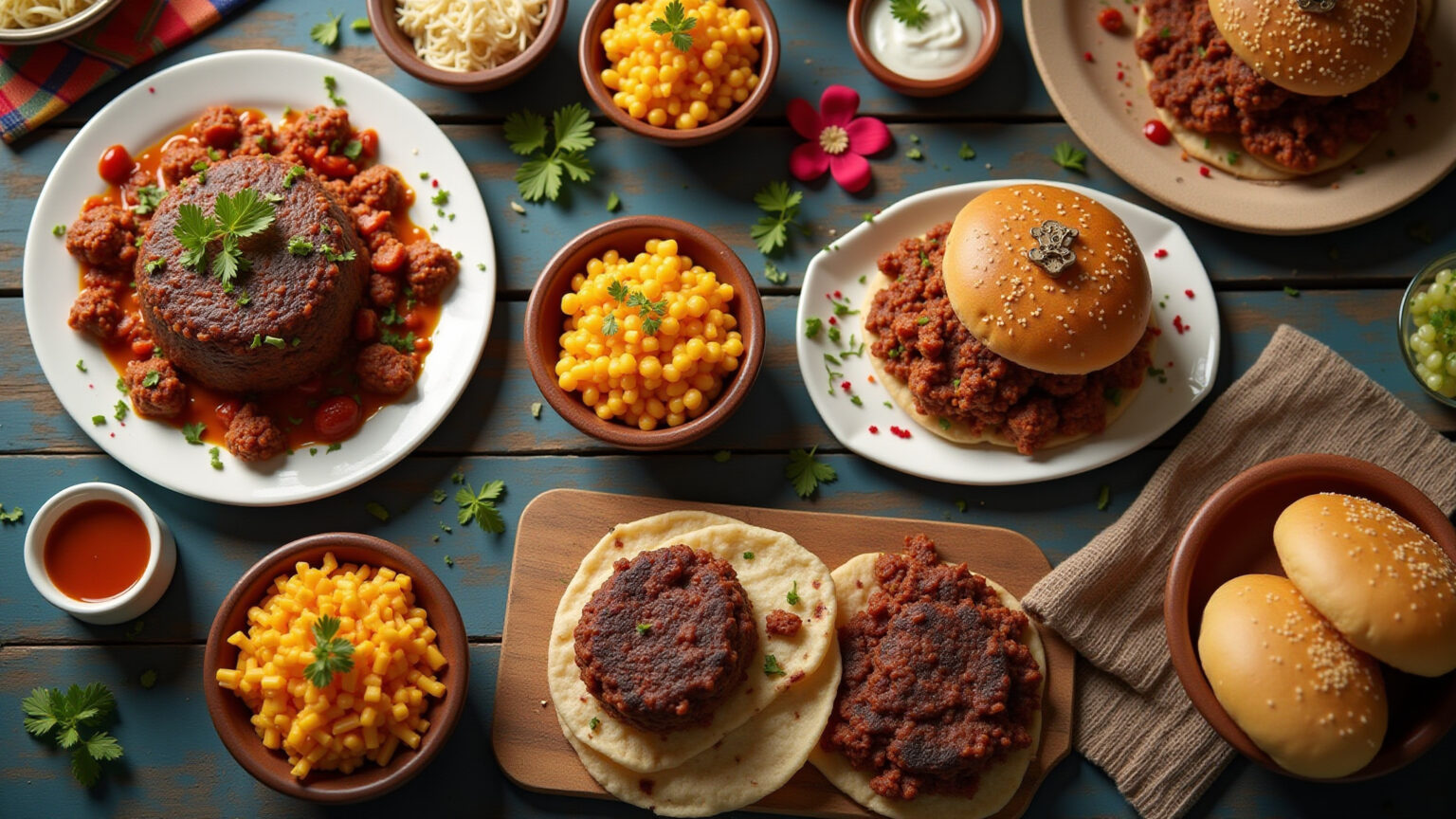 Variedade de pratos deliciosos com carne de hambúrguer.