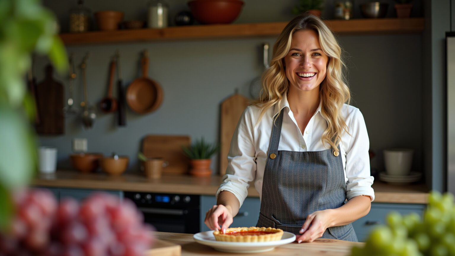 10 Receitas Incríveis Para Fazer Com Uva e Arrasar na Cozinha Mulher sorrindo preparando torta de uva em cozinha vibrante.