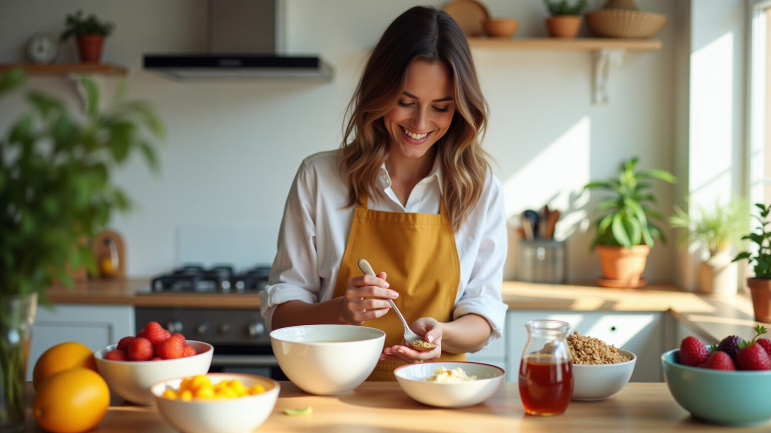 Iogurte natural com frutas e granola para um café da manhã saudável.