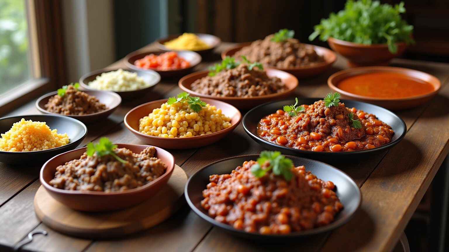 Mesa farta com diversos pratos saborosos de carne moída.