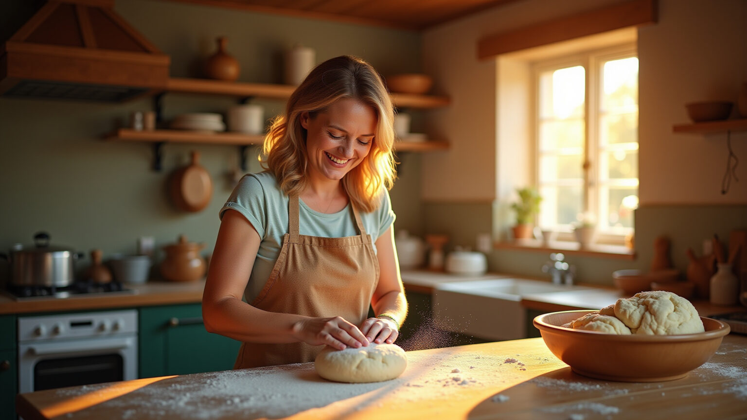 Mulher sorrindo amassando pão caseiro em cozinha rústica e convidativa.