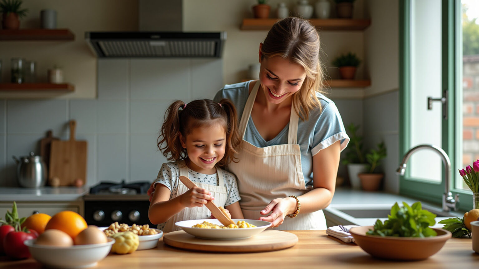 Mãe e filha se divertindo na cozinha preparando uma receita.