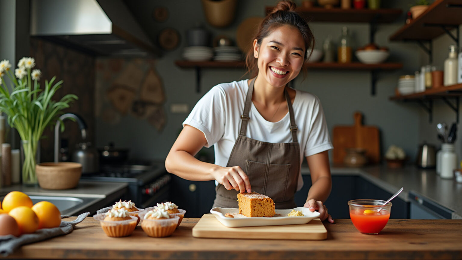 Mulher sorrindo preparando sobremesas com leite condensado em cozinha vibrante.