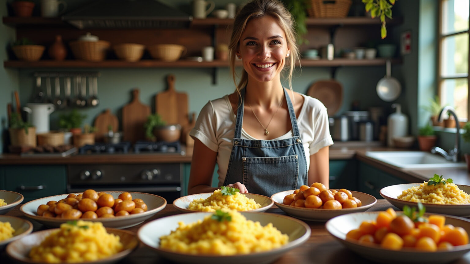 Variedade de pratos deliciosos feitos com batata em uma cozinha vibrante.