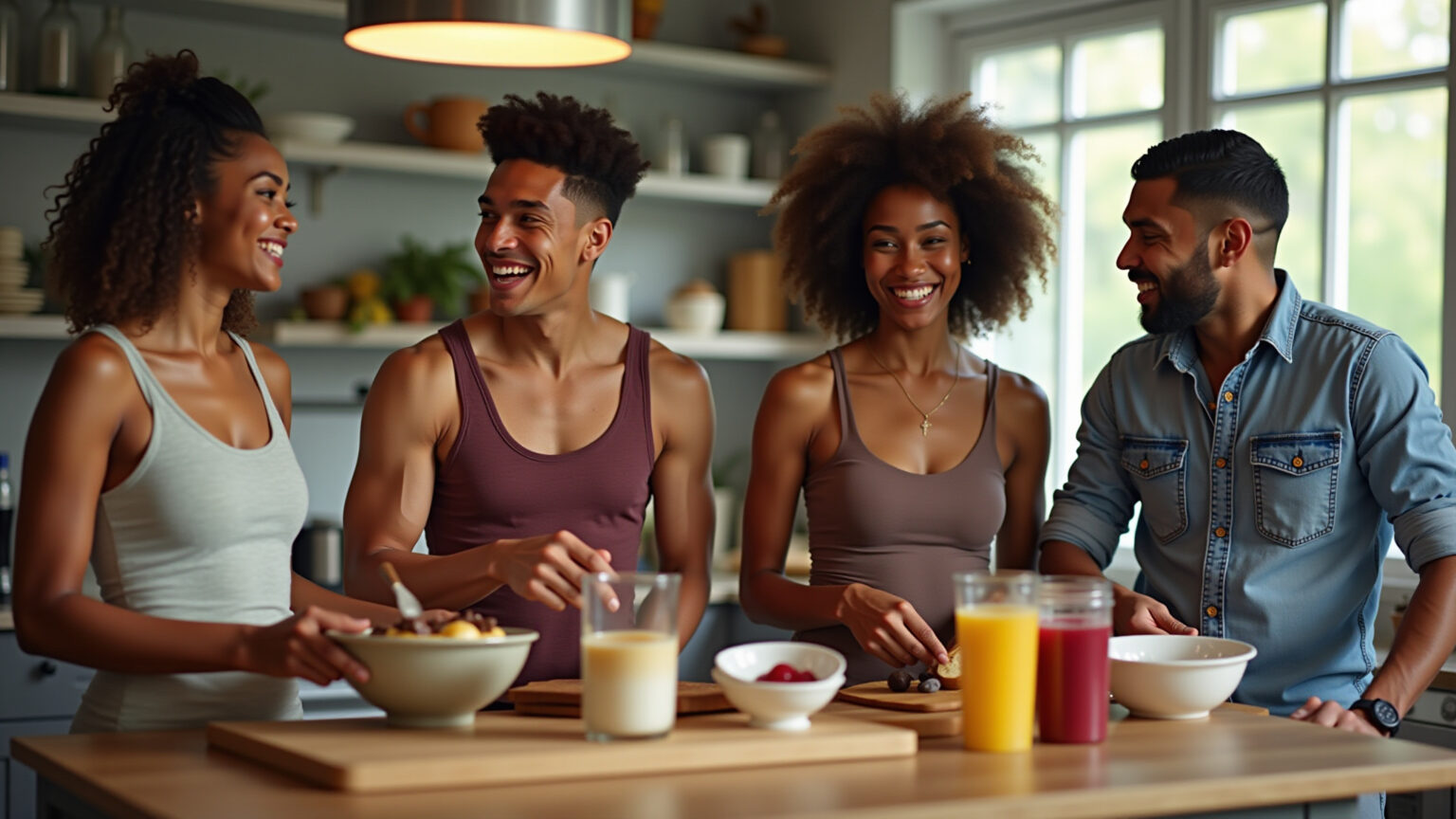 Amigos preparando receitas deliciosas com whey protein na cozinha.