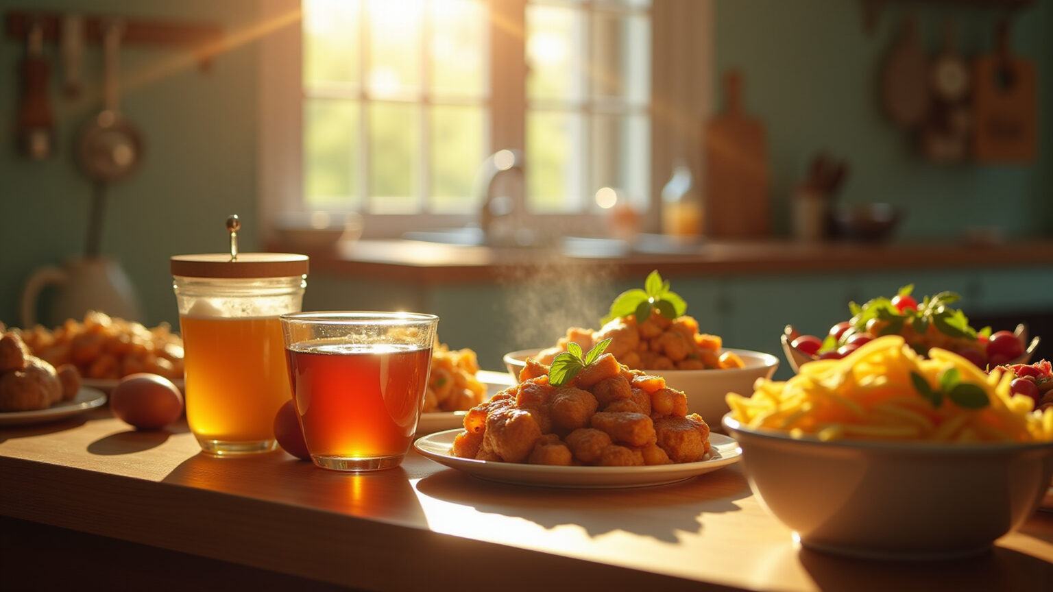 Pratos deliciosos feitos com mel em uma cozinha vibrante.