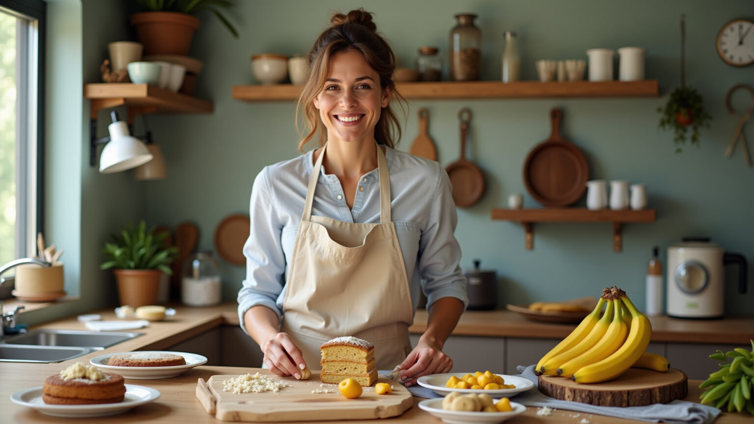 Receitas caseiras e deliciosas com banana em uma cozinha vibrante.