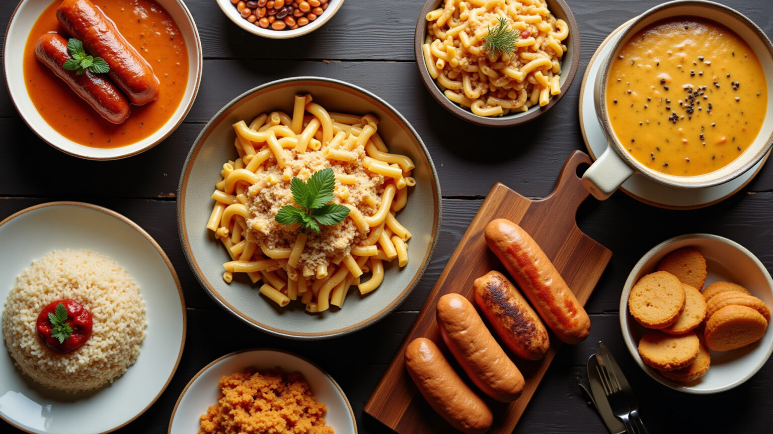 Mesa farta com diversas receitas criativas e deliciosas com salsicha.