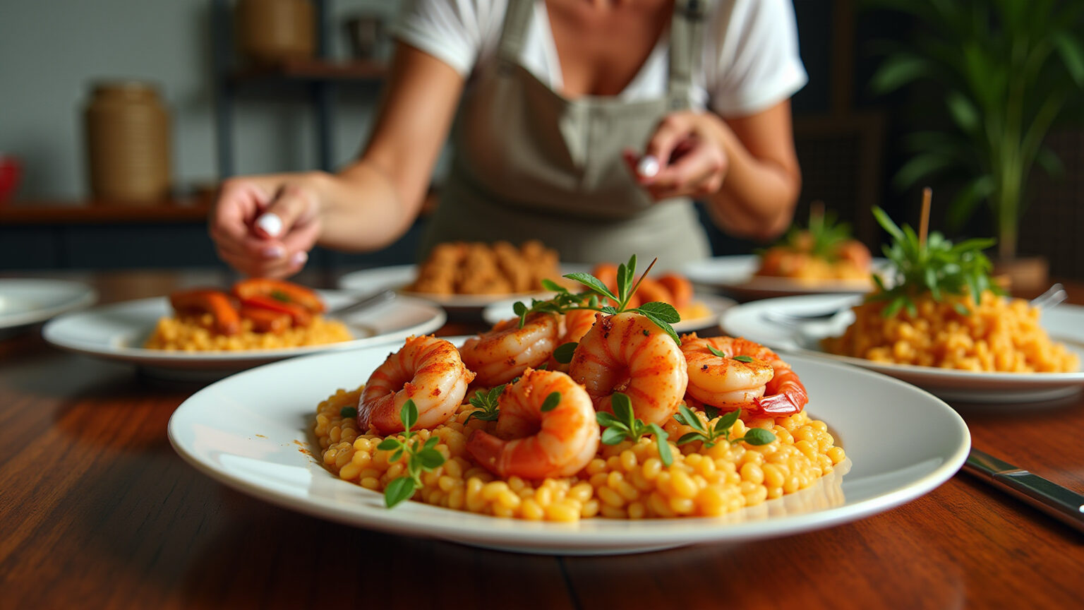 Variedade de pratos de camarão em mesa brasileira vibrante.