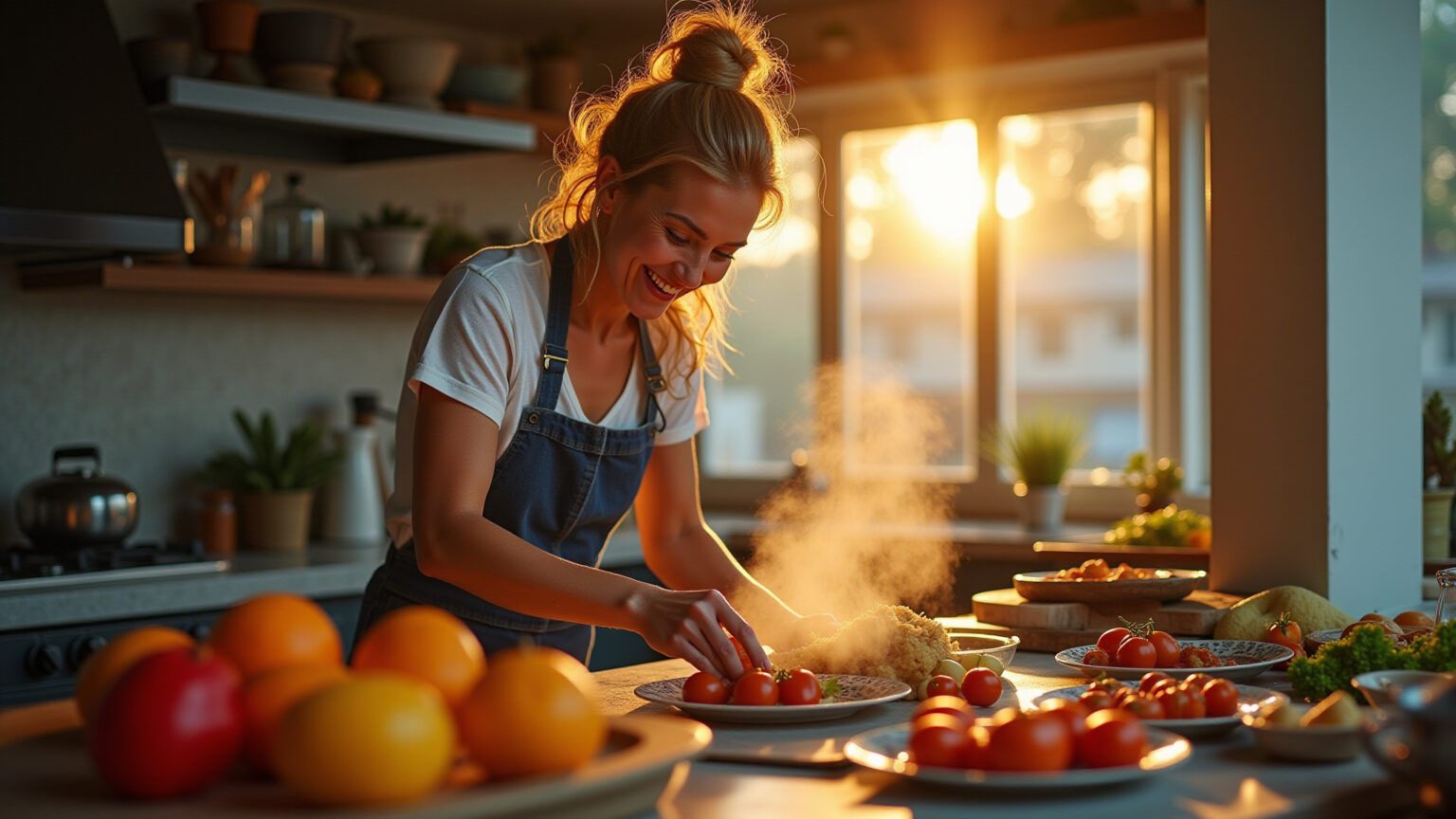 Mulher preparando recheios de pastel em cozinha brasileira vibrante.