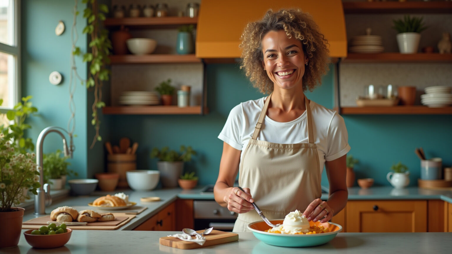 Mulher preparando sobremesa deliciosa com leite em cozinha vibrante.