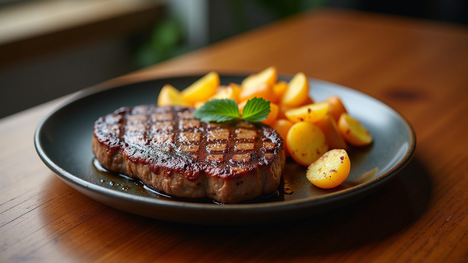 Bife grelhado com batatas rústicas, culinária brasileira.