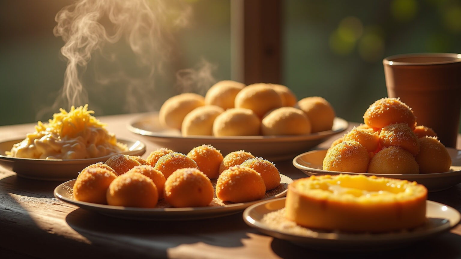 Deliciosos pratos brasileiros feitos com polvilho azedo, como pão de queijo e biscoito de polvilho.