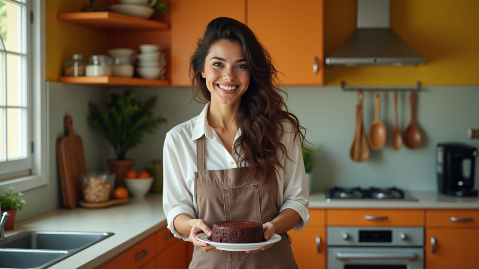 Mulher sorrindo preparando sobremesa com Nescau em cozinha vibrante.