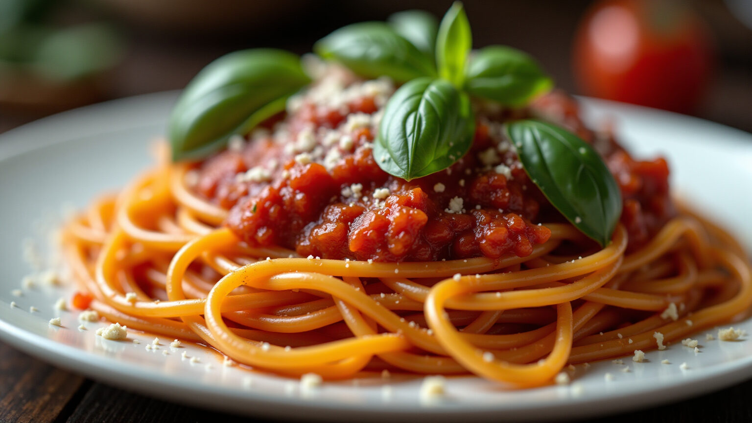 Prato de macarrão com molho de tomate e manjericão.