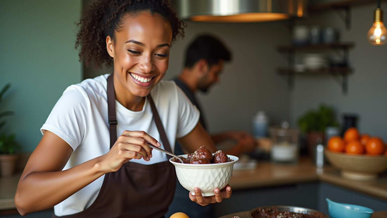 Mulher sorrindo prepara irresistível sobremesa de chocolate.