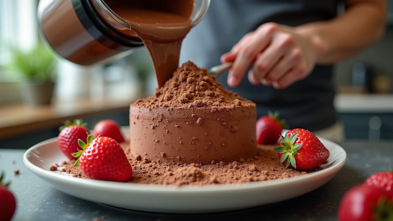 Receita deliciosa com whey protein de chocolate em cozinha vibrante.