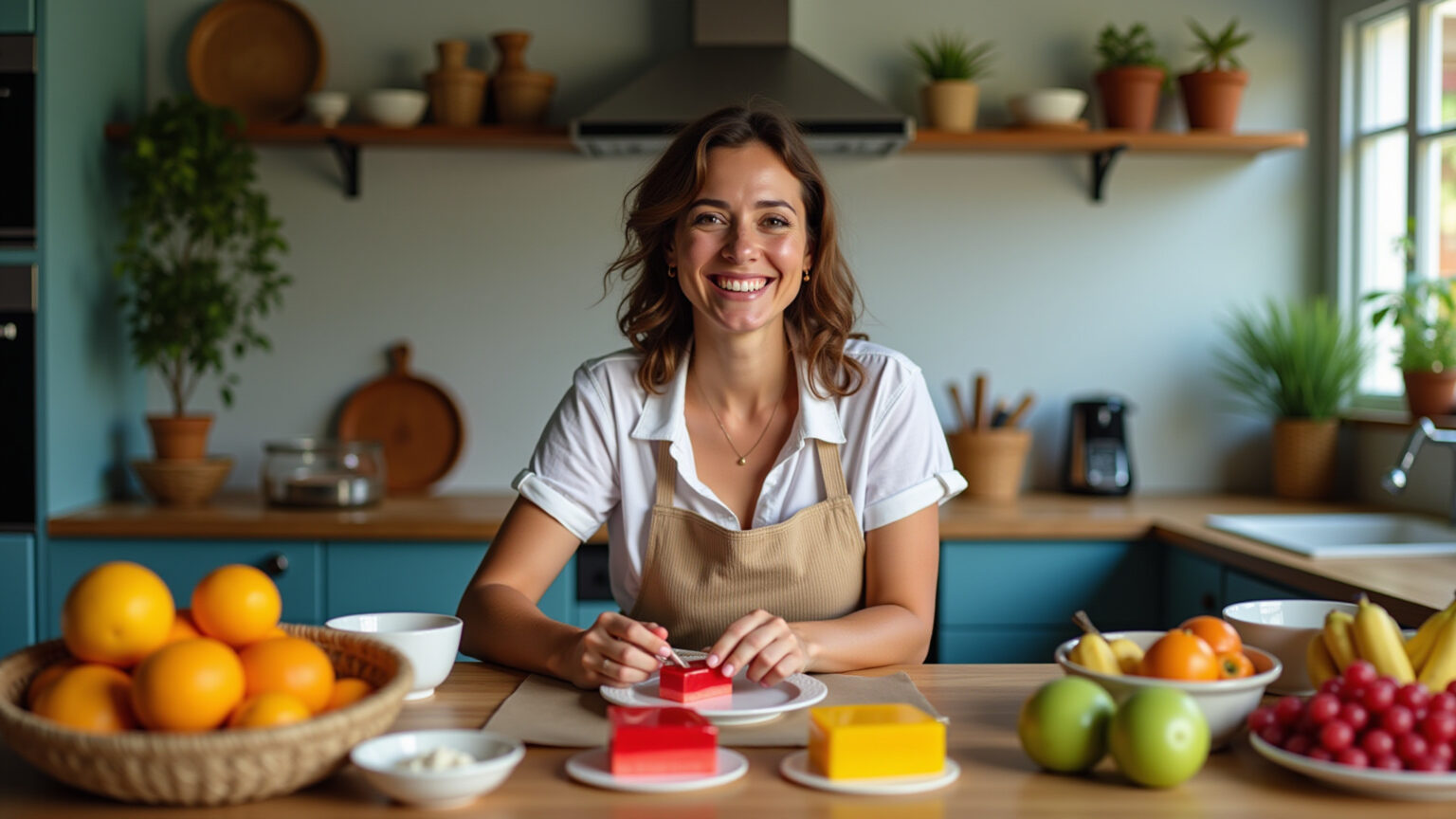 Mulher sorrindo prepara coloridas sobremesas de gelatina em cozinha vibrante.