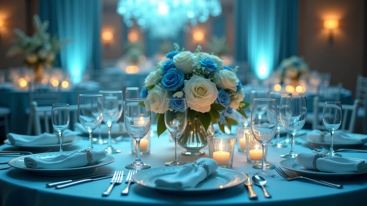 Decoração de casamento azul Tiffany elegante e romântica.