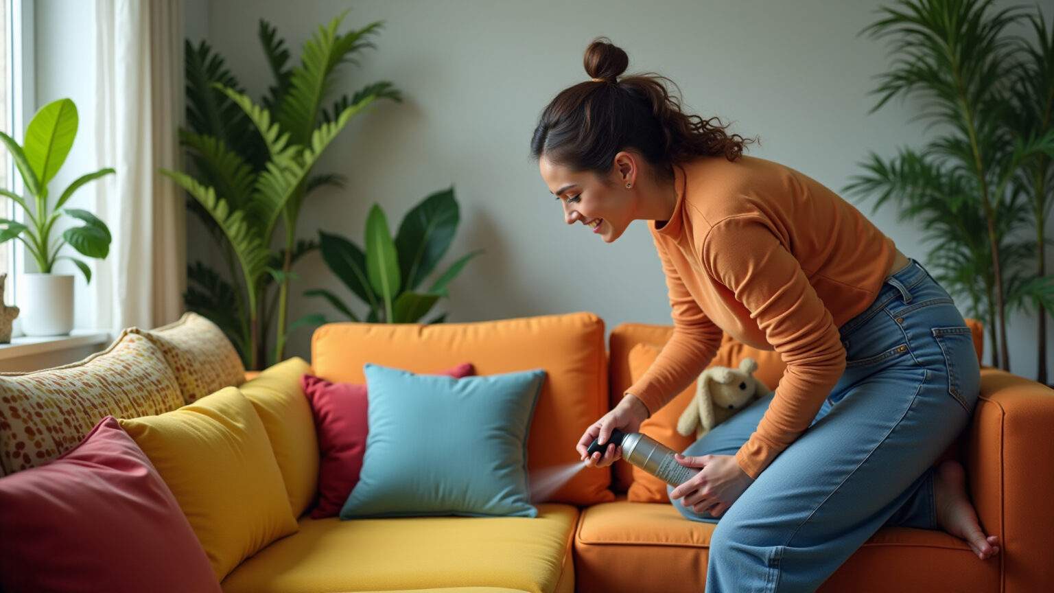 Mulher impermeabilizando sofá de tecido colorido com spray.