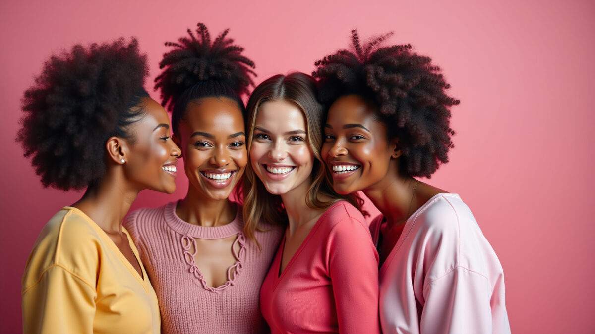 Mulheres diversas sorrindo e apoiando Outubro Rosa com fitas cor de rosa.