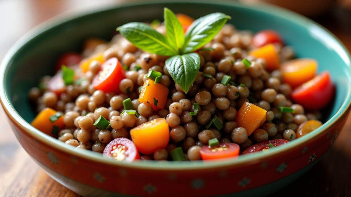 Salada de lentilha com legumes cozidos, explosão de sabor e saúde.