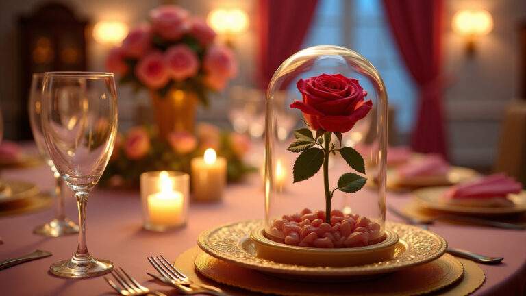 Mesa decorada para festa A Bela e a Fera com rosa encantada.