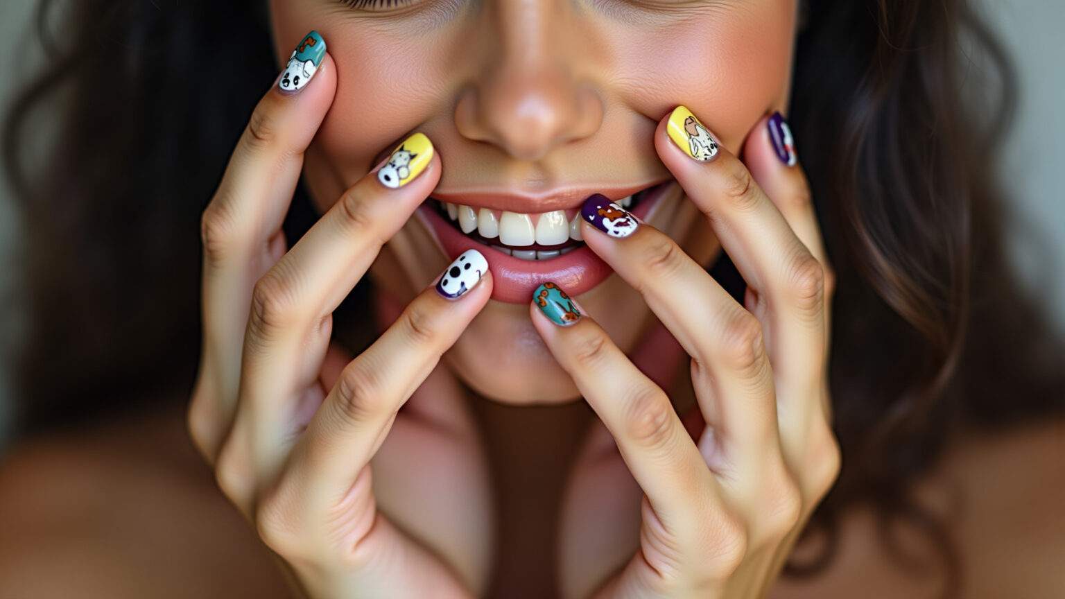 Unhas decoradas com tema de cachorros.