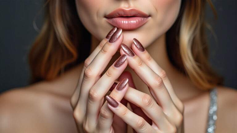 Unhas decoradas com glitter rosê gold, elegantes e modernas.