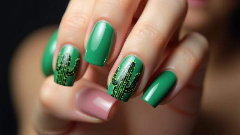 Unhas decoradas com cactos, estilo vibrante e detalhado.