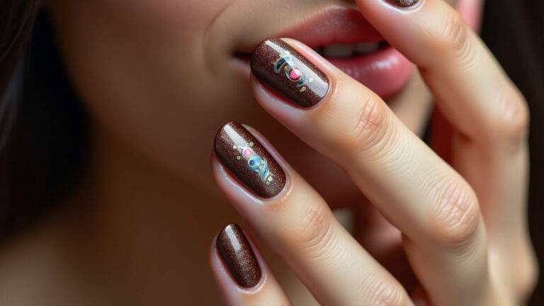Unhas decoradas em tons de café com designs intrincados.