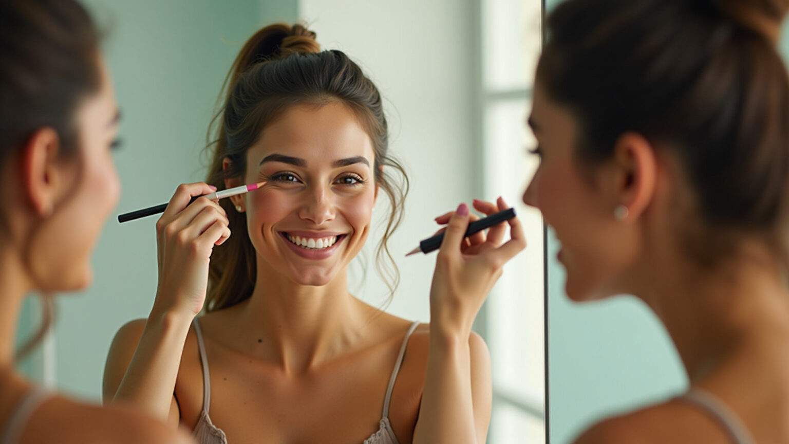 Mulher aplicando maquiagem em banheiro iluminado com estilo brasileiro.
