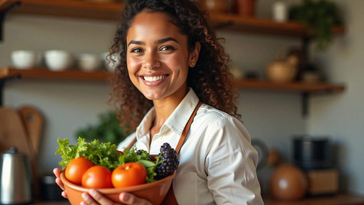 Armário de cozinha organizado com xícaras e pires coloridos.