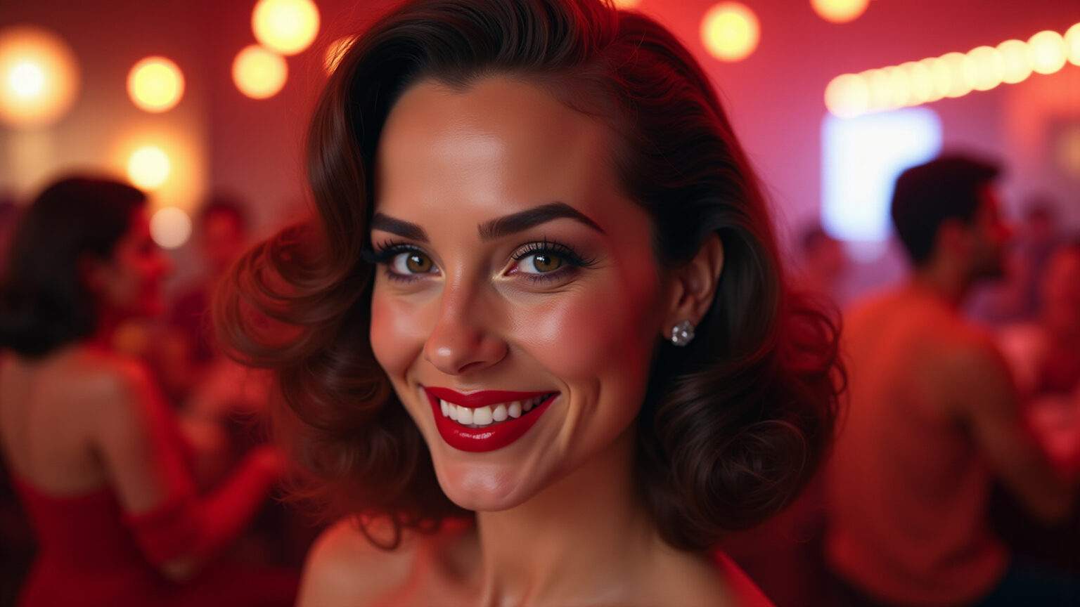 Maquiagem anos 50: delineado clássico e batom vermelho vibrante.