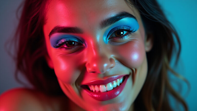 Maquiagem vibrante e neon em uma mulher brasileira.