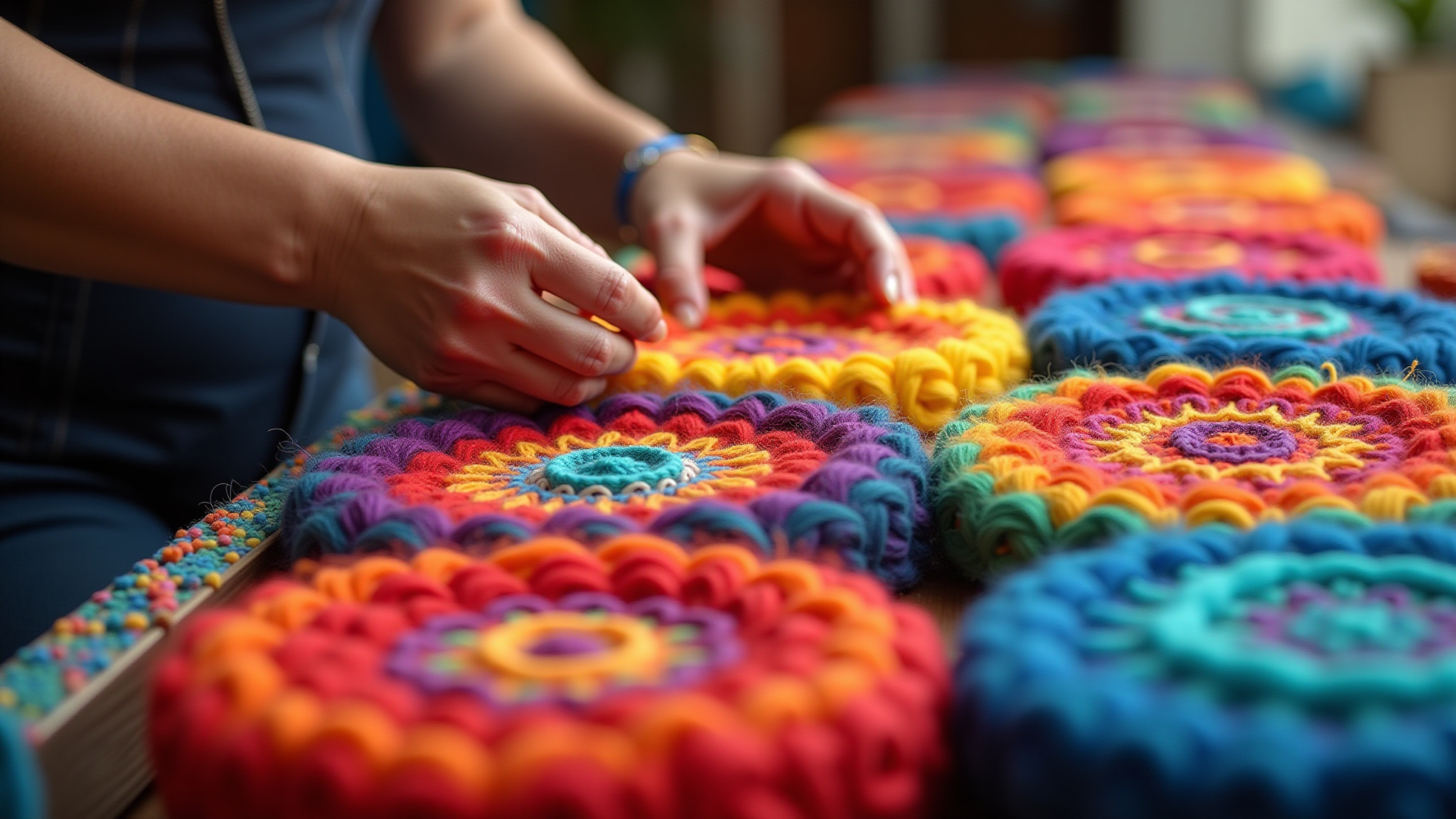 Mandalas de lã coloridas sendo tecidas à mão.