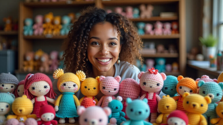 Bonecas Amigurumi coloridas e artesanais em exposição.