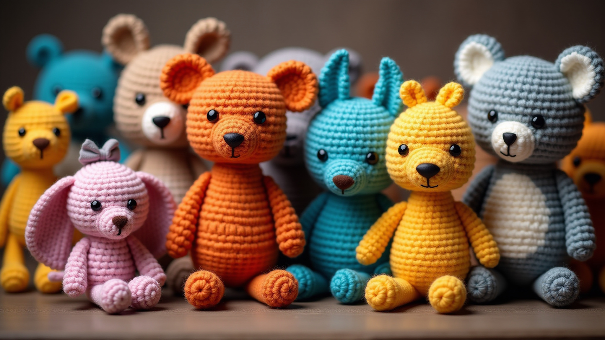 Coleção vibrante de bichinhos amigurumi feitos à mão.