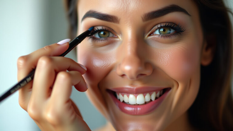 Mulher brasileira sorrindo aplicando delineado gatinho perfeito.