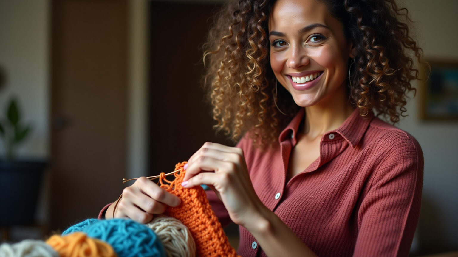 Crochê tunisiano: a mistura perfeita de tricô e crochê Mulher sorrindo crocheta crochê tunisiano com linha colorida.