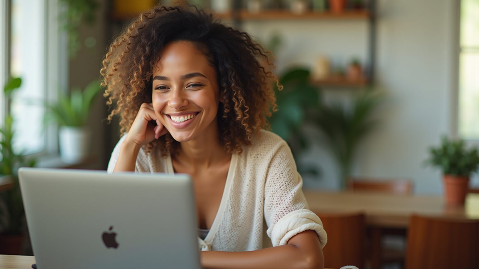 Mulher sorrindo trabalhando em casa em um notebook.