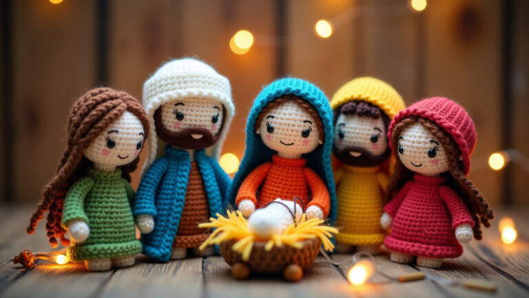 Presépio amigurumi colorido e vibrante, decoração natalina artesanal.